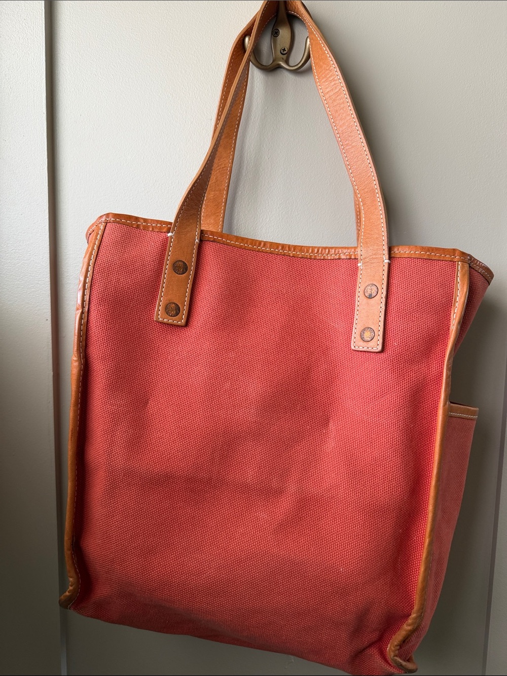 Shinola Coral-Red Canvas Tote with Tan Leather Trim - Picture 5 of 5